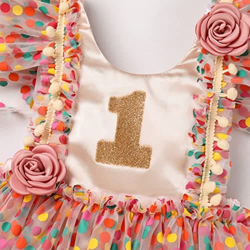 AWIBMK Apricot Polka Dot Daisy Tutu Dress for 1-Year-Old Princess Parties