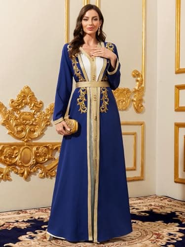 Abaowedding Elegant Royal Blue Muslim Robe with Gold Trim
