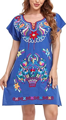 YZXDORWJ Women's Mexican V-Neck Fiesta Dress with Short Sleeves