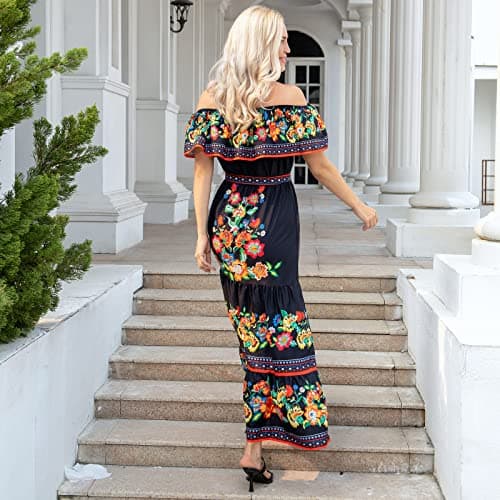 Mexican Floral Print Off The Shoulder Maxi Dress for Women
