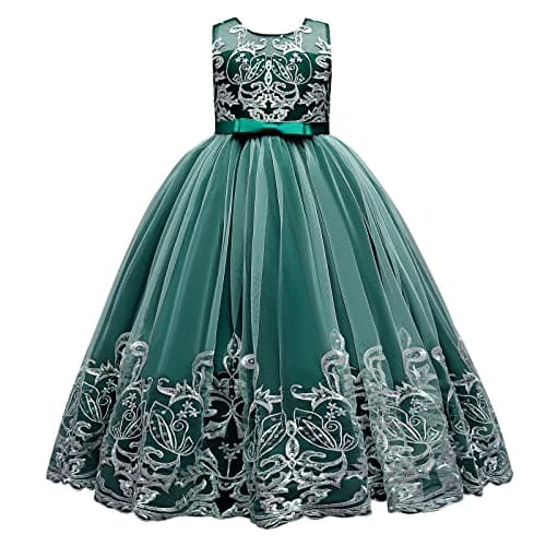 IDOPIP Kids' Flower Girl Lace Formal Long Tulle Dress for Weddings Bridesmaids