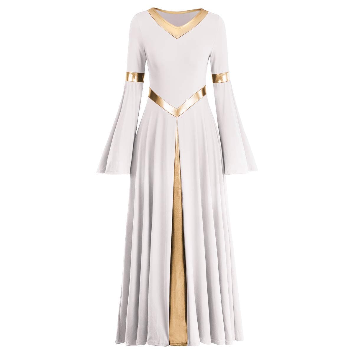 IBAKOM Women's Loose Fit Full Length Metallic Gold V-Neck Worship Dance Costume