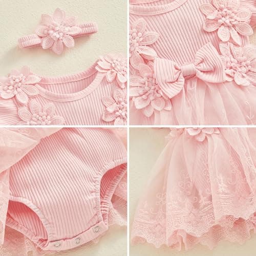 ODASDO Newborn Lace Romper Dress & Bowknot Headband Summer Birthday Outfit