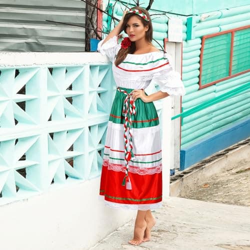 Riyiper Traditional Mexican Fiesta Dress for Women with Flower Hair Clip(X-Large)