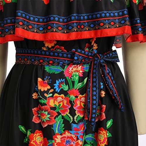 IWEMEK Mexican Off-Shoulder Floral Maxi Dress for Summer Beach Parties+ Belt
