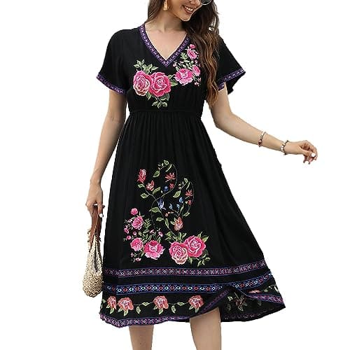 Higustar Mexican Embroidered Midi Floral Boho Dress for Women
