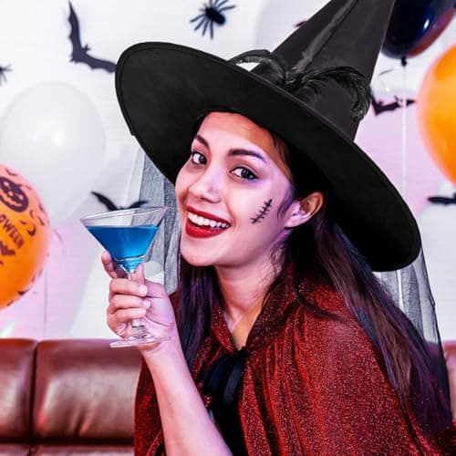 Women's Halloween Witch Hat with Veil, Roses, and Feathers for Cosplay Parties