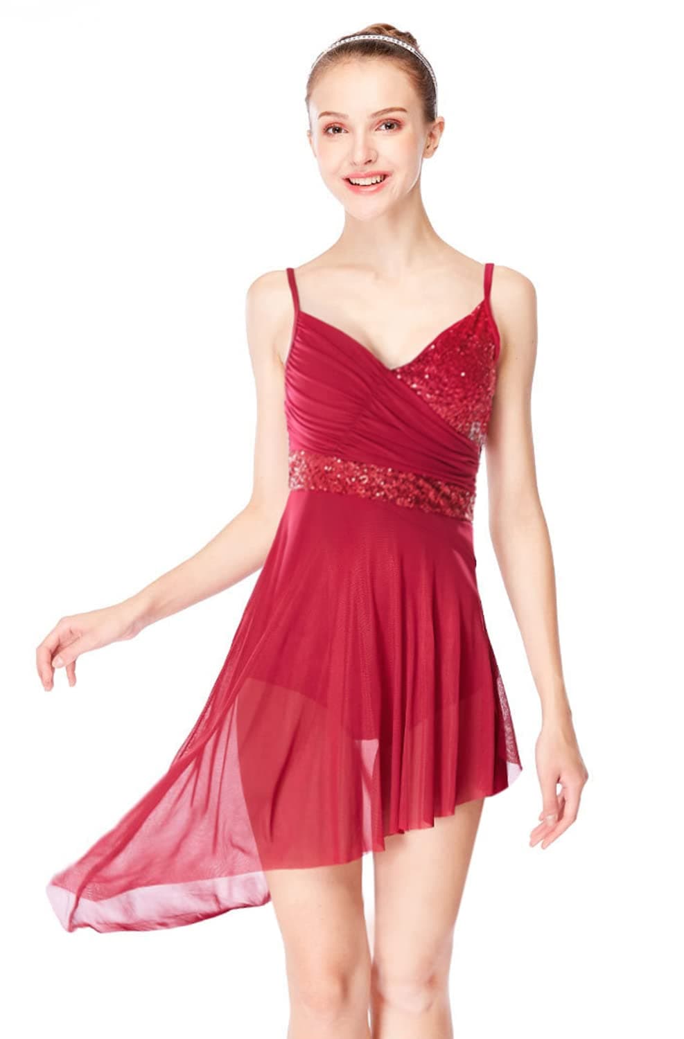 ELLYDOOR Women's Modern Asymmetrical Tulle Ballet Camisole Skirted Leotard Dance Costume
