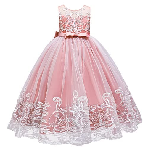 IDOPIP Kids' Flower Girl Lace Formal Long Tulle Dress for Weddings Bridesmaids