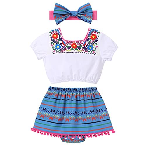 ODIZLI Girls Traditional Mexican Off-Shoulder Floral Embroidered Dress