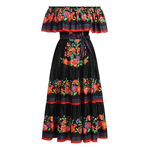 Off Shoulder Floral Print Mexican Maxi Dress for Women