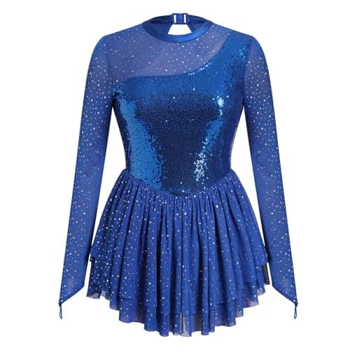 ODASDO Women's Sparkly Mesh Long Sleeve Figure Skating Leotard with Rhinestones Skirt
