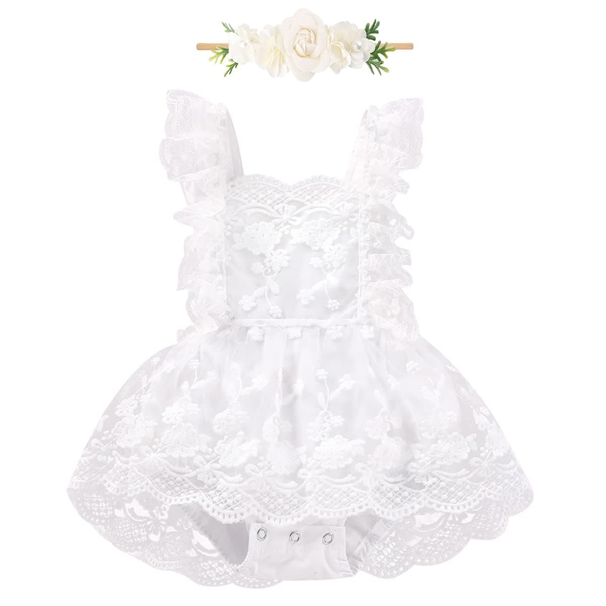 Floral Lace Ruffle Sleeve Backless Baby Girl Romper Dress Outfit
