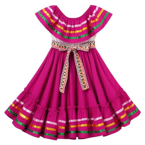 Mexican Folk Ruffle Drape Dress for Girls with Belt
