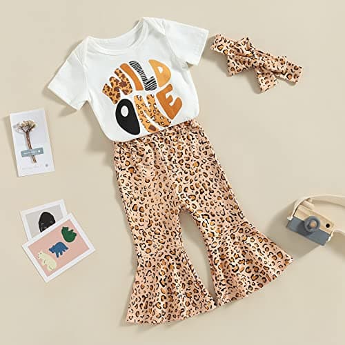 Eadrioss Wild Girl Birthday Outfit Leopard Romper Bell Bottoms