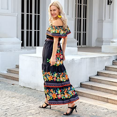 Mexican Floral Print Off The Shoulder Maxi Dress for Women