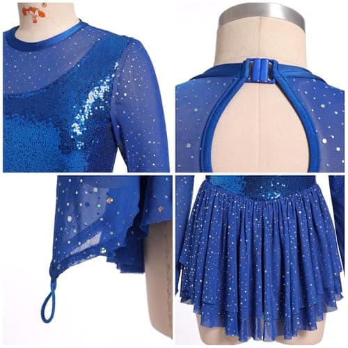 ODASDO Women's Sparkly Mesh Long Sleeve Figure Skating Leotard with Rhinestones Skirt