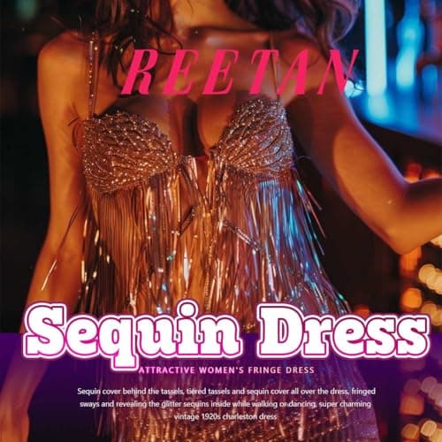 REETAN Sequin Latin Dance Dress for Women Salsa Ballroom Fringe Flappe Costumes