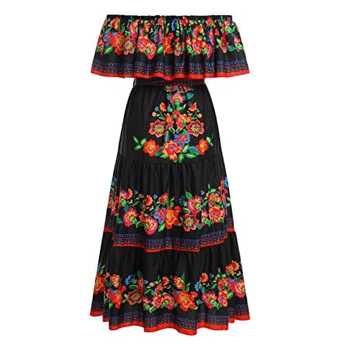 IWEMEK Mexican Off-Shoulder Floral Maxi Dress for Summer Beach Parties+ Belt