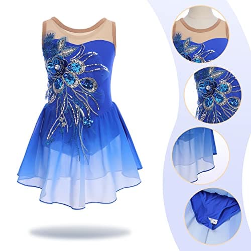 ODASDO Girl Ice Skating Dress Sequin Flower Chiffon Skirt for Competition