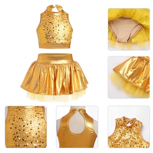 ODASDO Girls Shiny Metal Dance Costume with Sequin Tank Crop Top Ruffle Skirt
