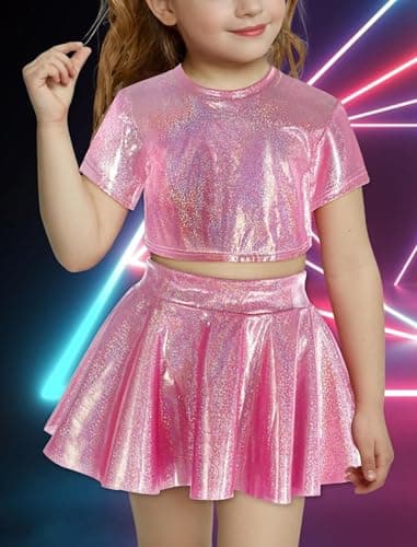 ODASDO Shiny Metallic Crop Top & Pleated Skirt Set for Girls Performance Dancewear