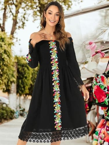 Vackutliv Mexican Embroidered Traditional Fiesta Dress Styles Long Sleeve Flower Patterns