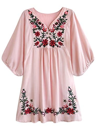Futurino Women's Bohemian Embroidered Crew Neck Dress