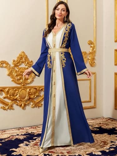 Abaowedding Elegant Royal Blue Muslim Robe with Gold Trim