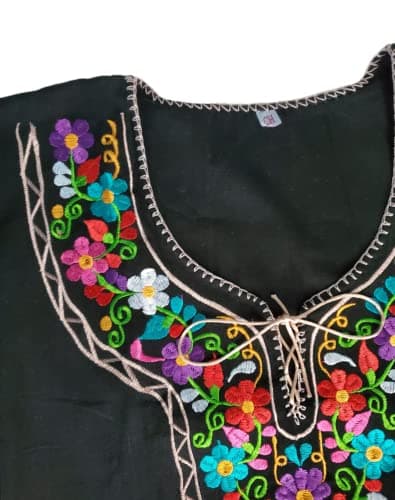 Puerta21 Authentic Mexican Embroidered Long Sleeve Dress (M, Black and Colors)
