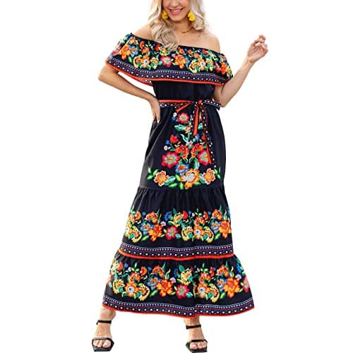 Mexican Floral Print Off The Shoulder Maxi Dress for Women