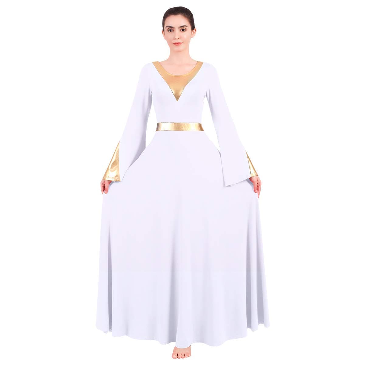 OwlFay Women's Metallic Color Block Liturgical Dance Dress with Bell Sleeve