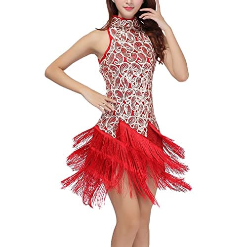 IBTOM CASTLE Women's Sparkly Tassel Flapper Latin Dance Dress Sleeveless