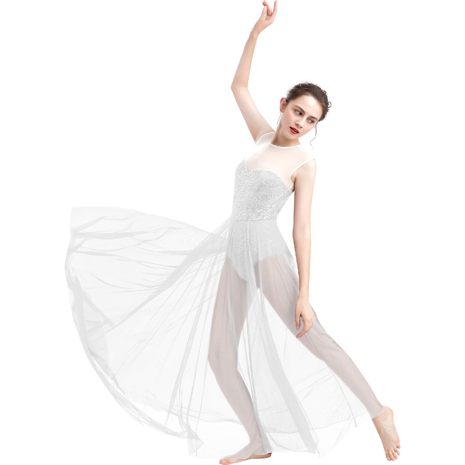 ODASDO Modern Lyrical Dance Dress with Sequins Tank Tulle Maxi Overlay