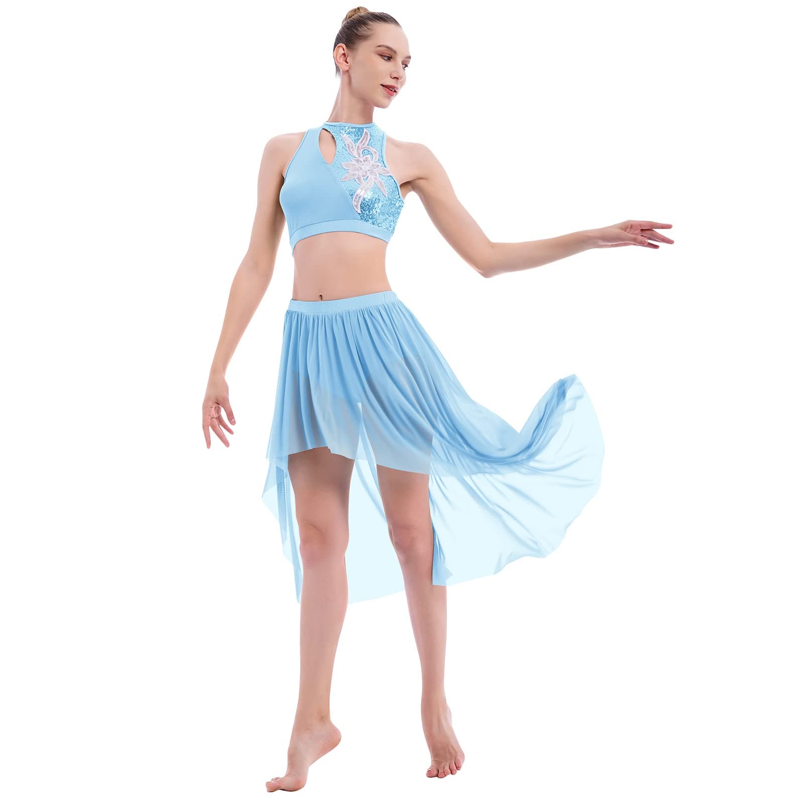ODASDO Women's Modern Contemporary Dance Costume Sequin Crop Top Tulle Skirt
