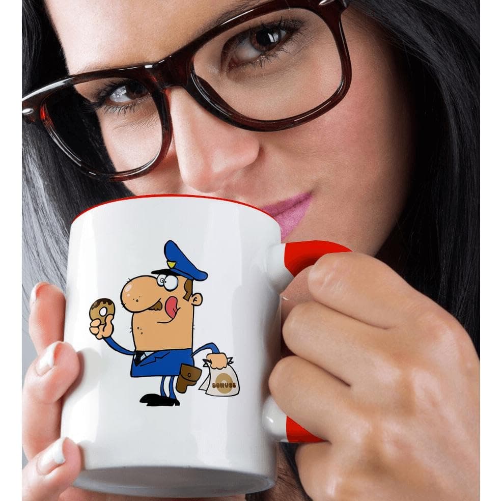 Funny Cartoon Cop Eating Donuts Mug - 3dRose