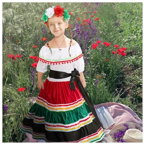 Traditional Mexican Dress for Girls Folklorico Dance Cinco de Mayo Party Costume Kit
