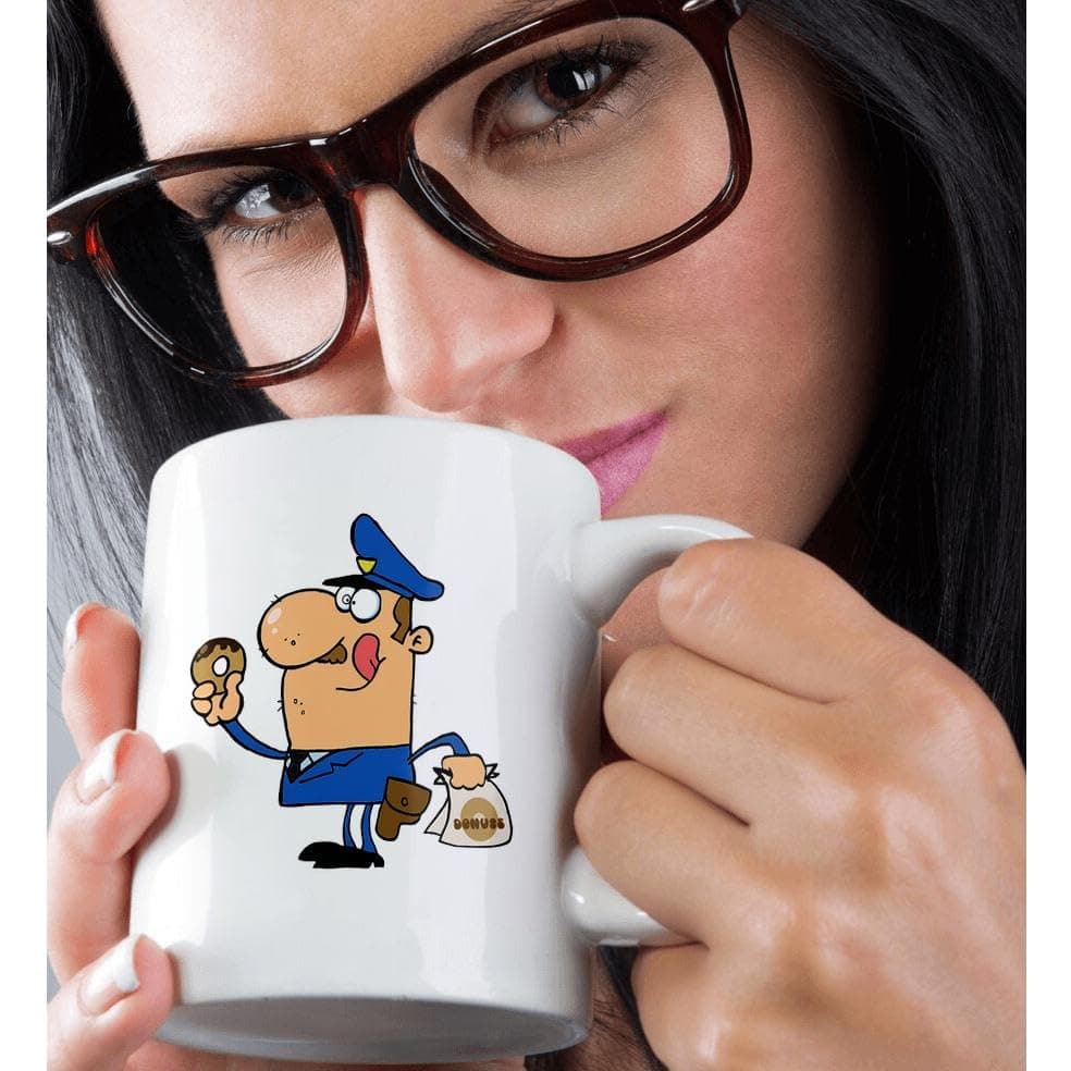 Funny Cartoon Cop Eating Donuts Ceramic Mug for Police Officers, 15-Ounce