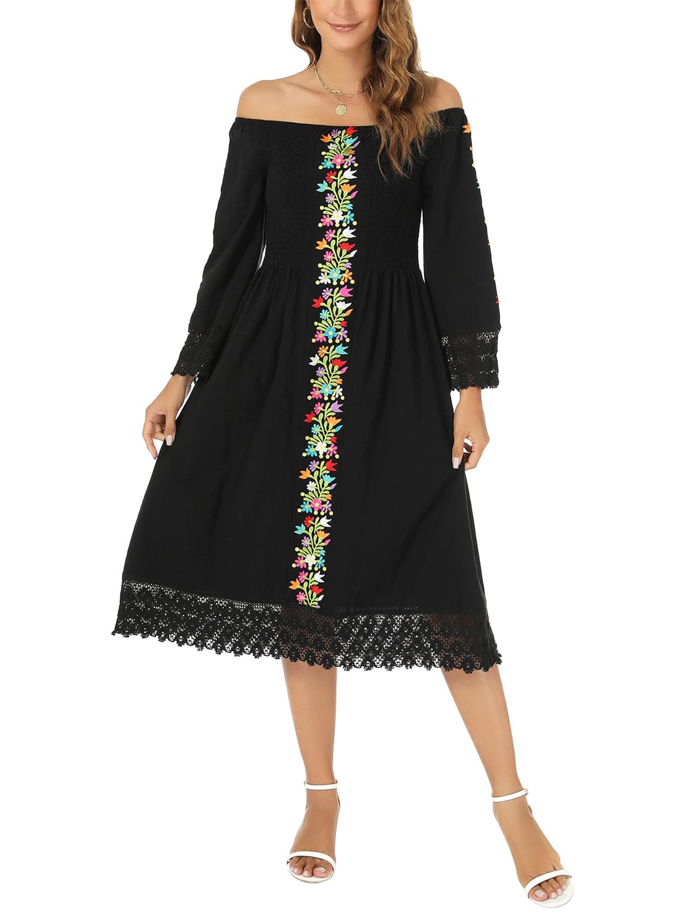 Vackutliv Mexican Embroidered Traditional Fiesta Dress Styles Long Sleeve Flower Patterns