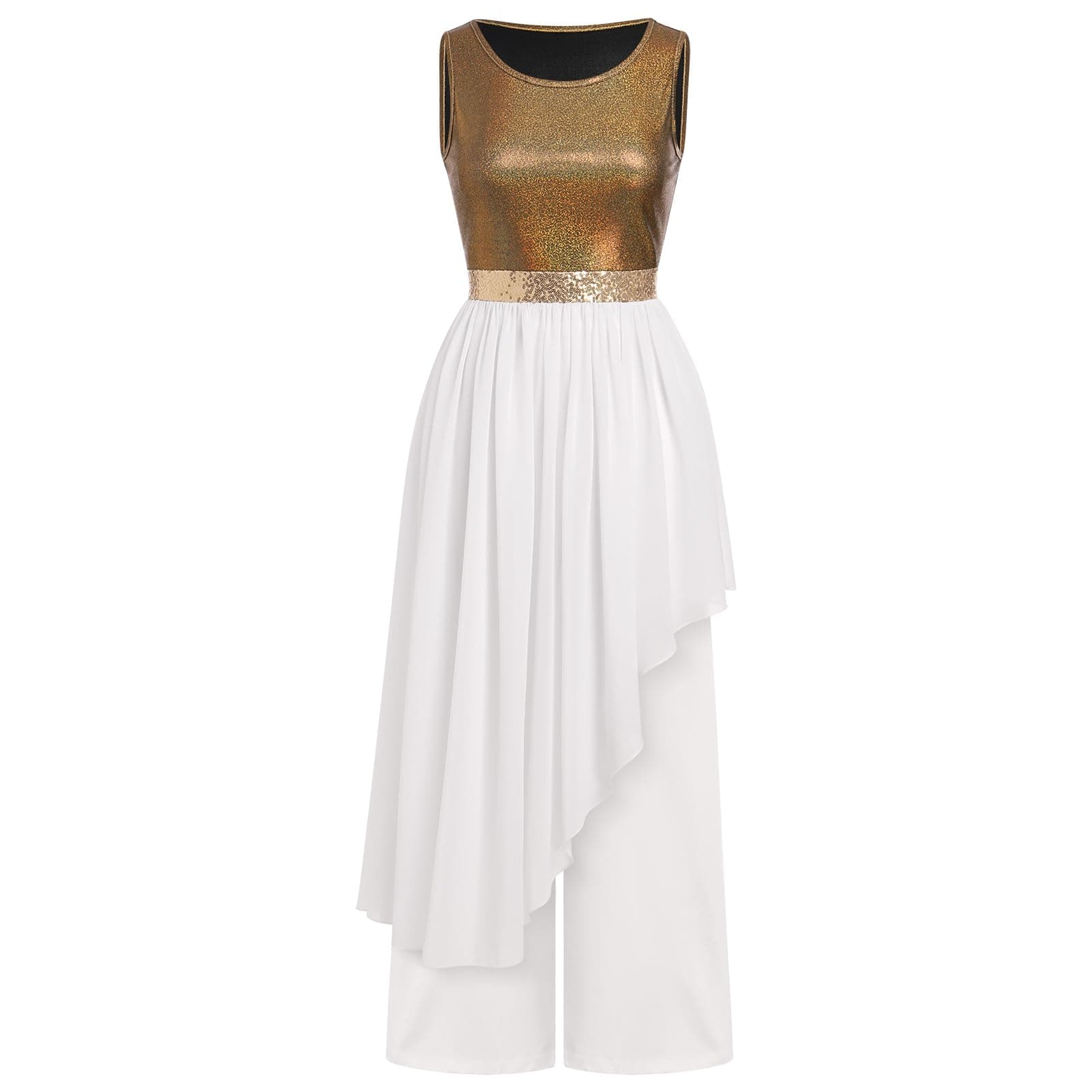 AFAVOM Women's Metallic Asymmetric Praise Dance Dress with Pants