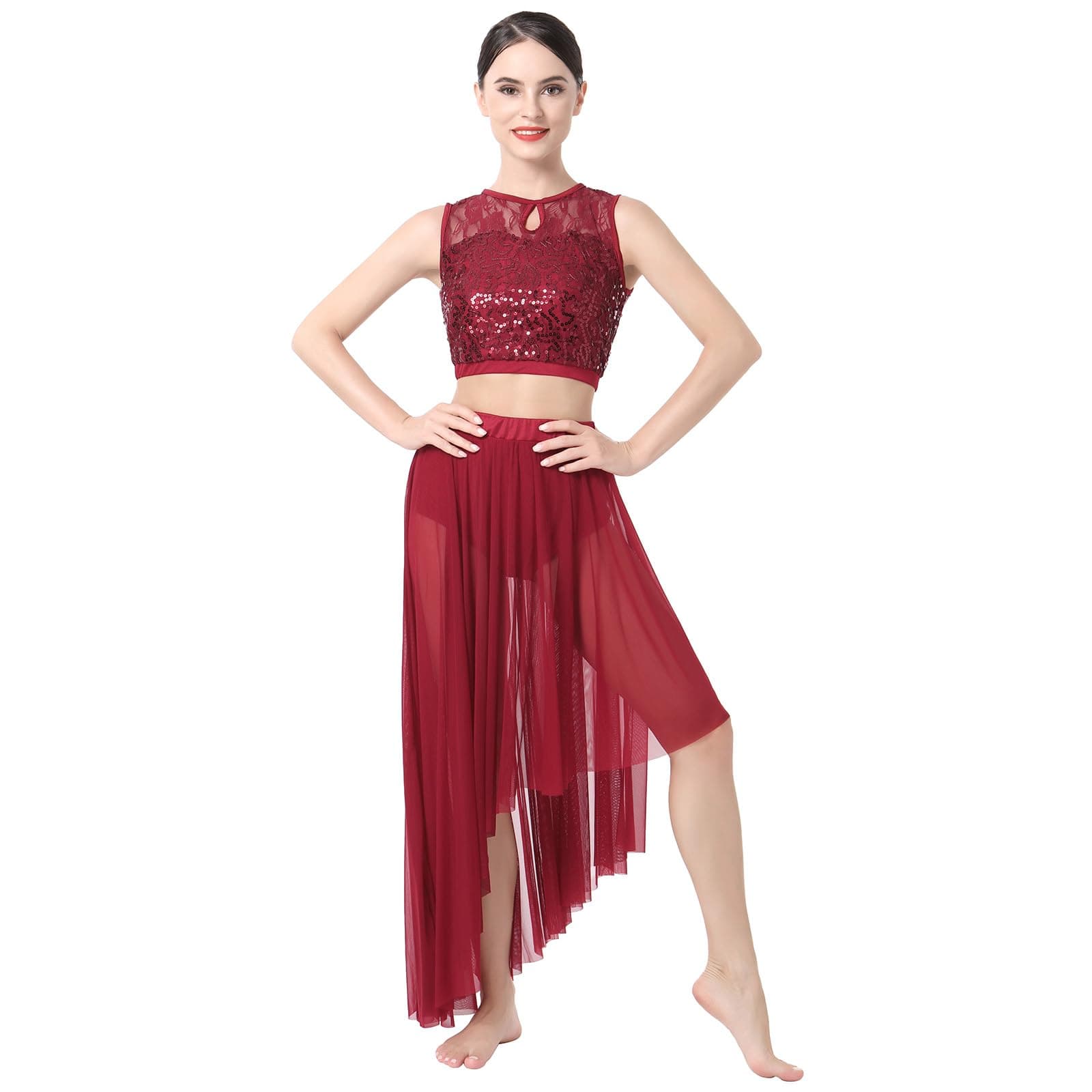 ODASDO Lyrical Dance Costume Sequin Floral Crop Top & Flowy Skirt 2pcs Outfit
