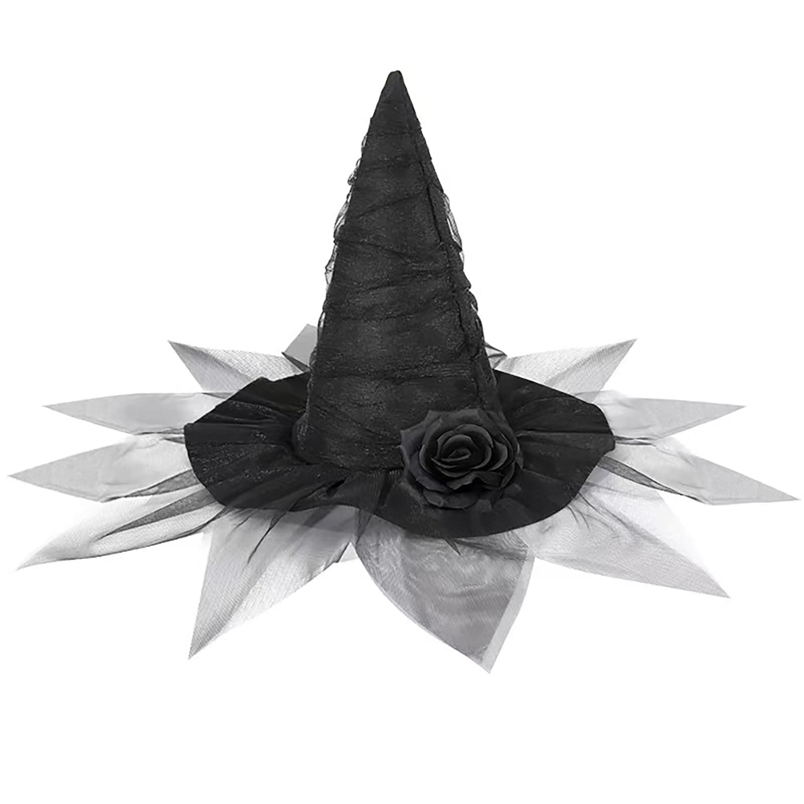 Halloween Ruched Witch Hat with Veil and Rose for Women