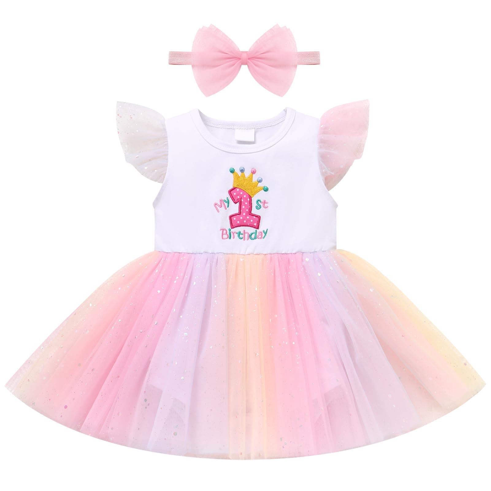 ODASDO Baby Girl First Birthday Cake Smash Tutu Dress with Bowknot Headband