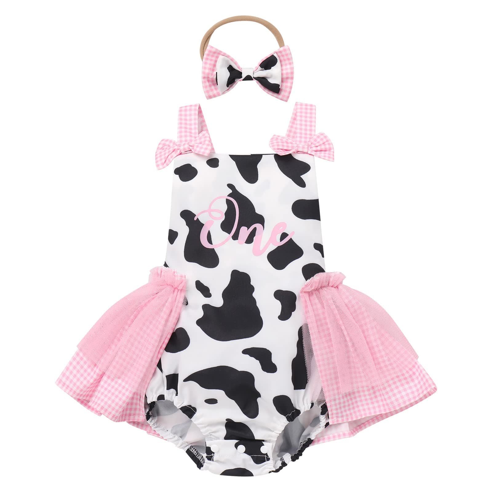 ODASDO Baby Girls Cow Print Tulle Tutu Romper Dresses with Headband