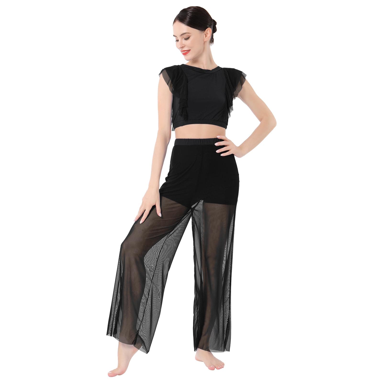 Lyrical Dance Costumes for Women: Two Piece Set with Criss Cross Crop Tops and Wide Leg Pants