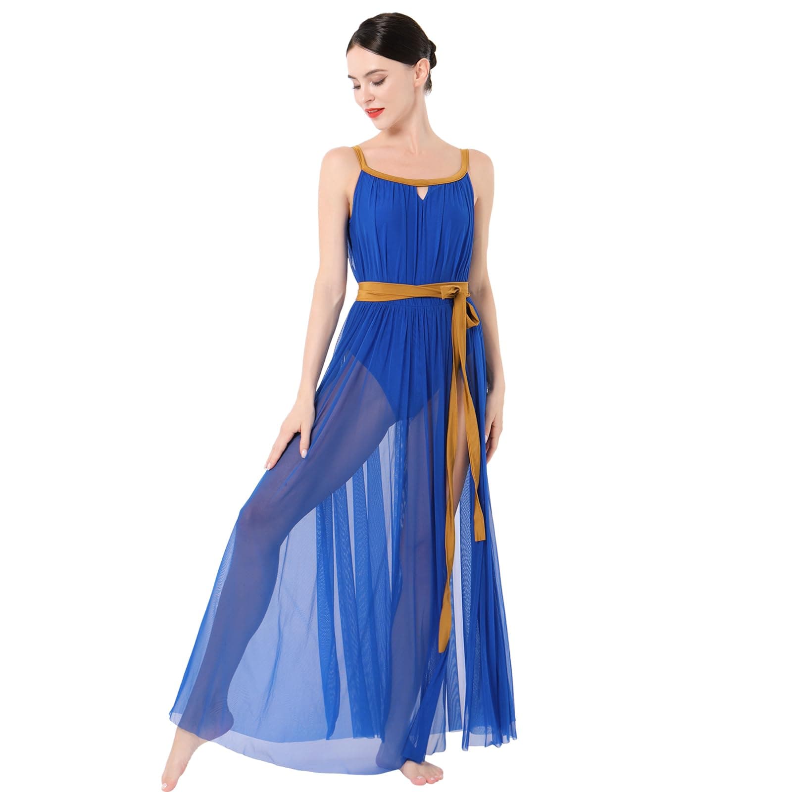 ODASDO Women's Lyrical Dance Mesh Tulle Long Dress Belted Competition Wear