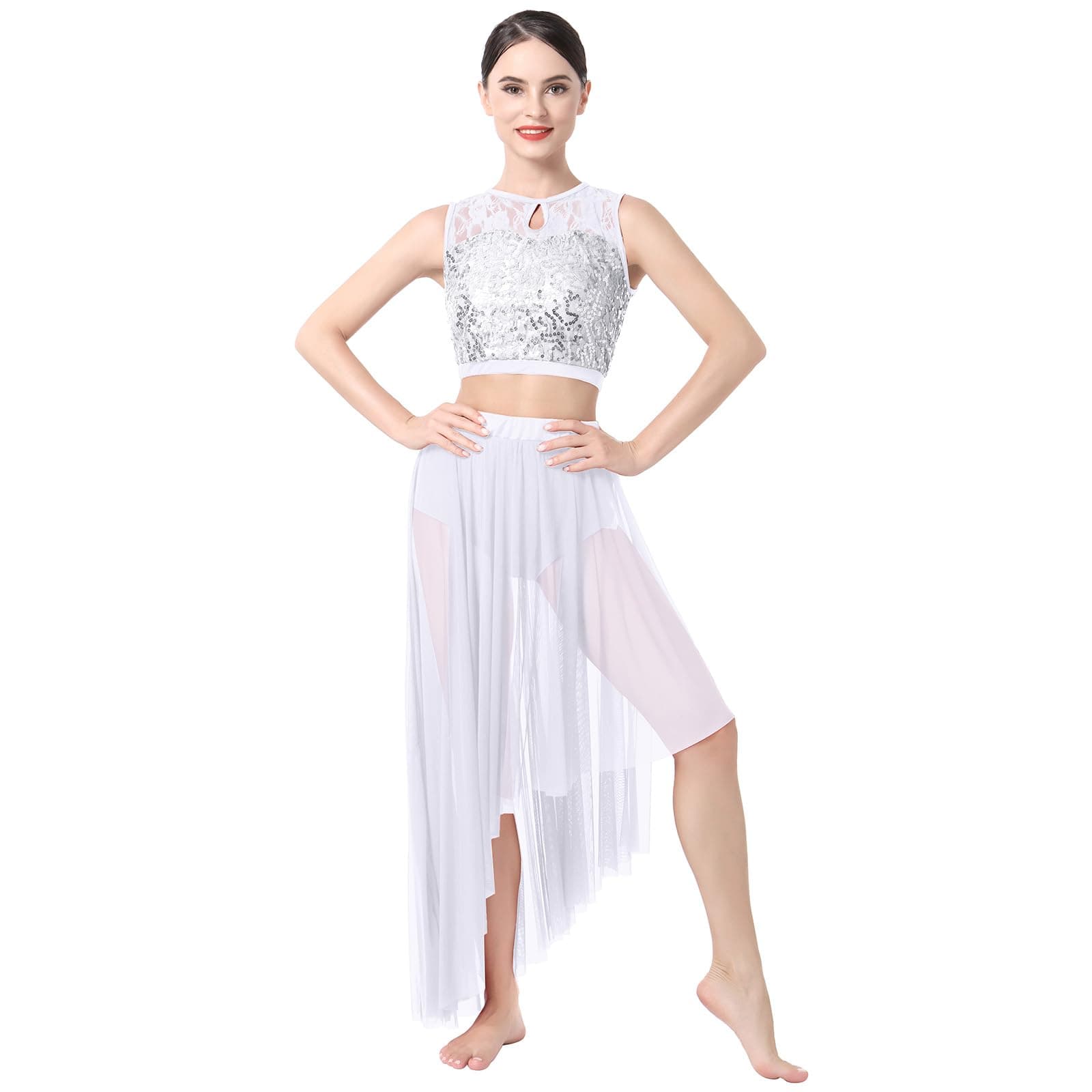 Women's Sequin Lace Lyrical Dance Costume with Asymmetrical Mesh Tulle Skirt Set