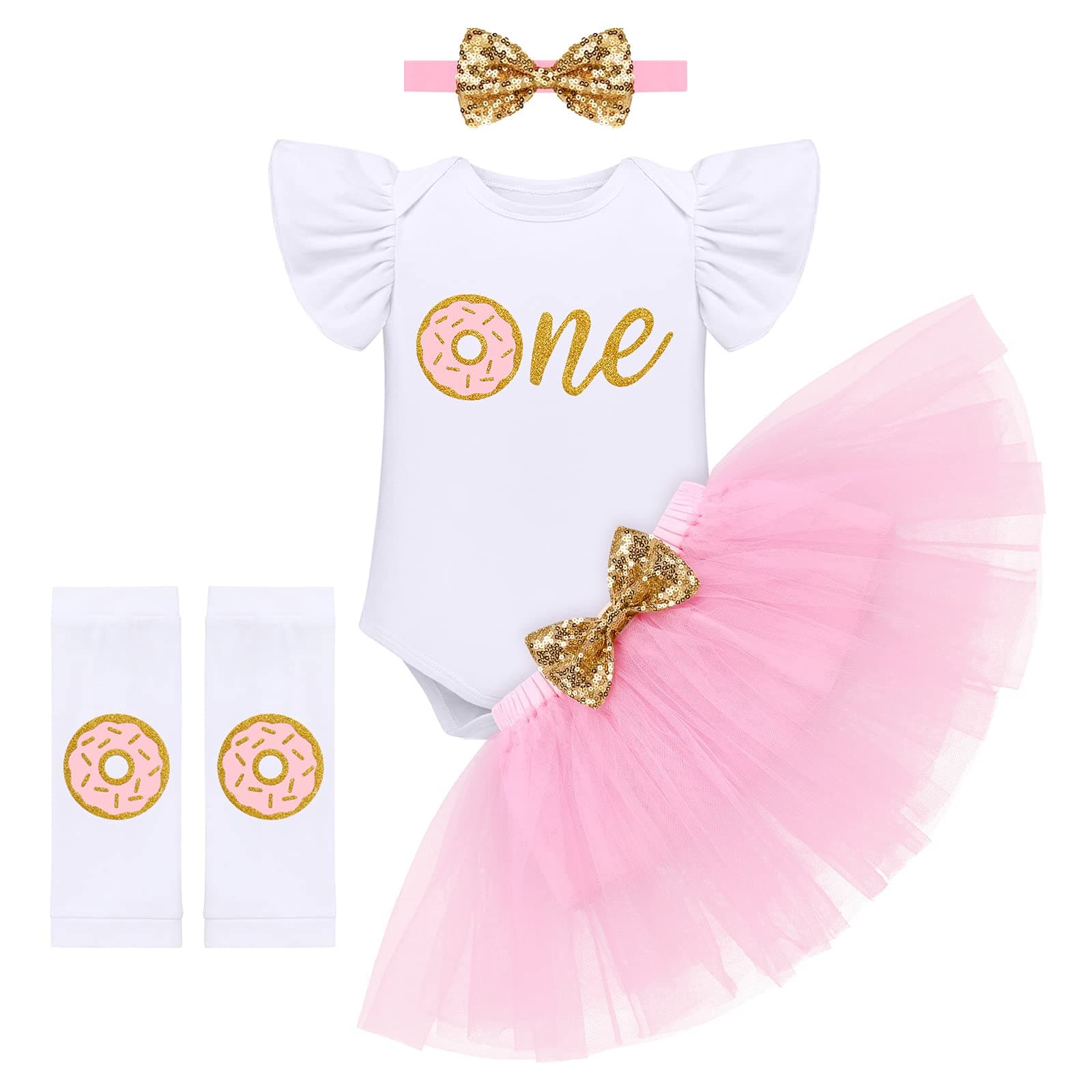 Baby Girl's Donut Birthday Cake Smash Outfit 4pcs Set