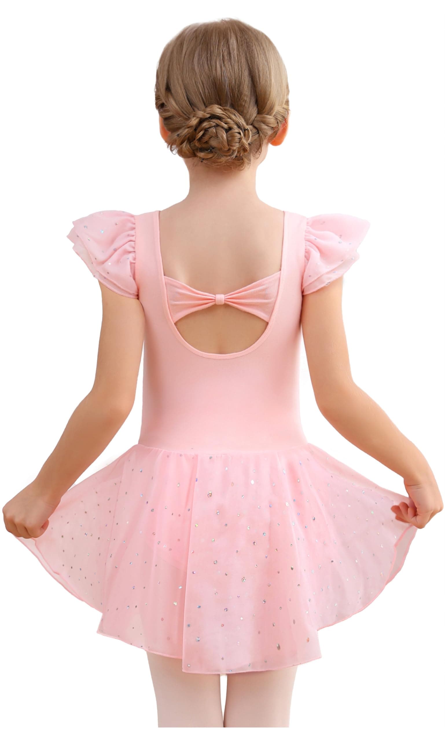 MdnMd Dance Ballet Leotard with Skirt for Toddler Girls Glitter Back Bow Ruffle Sleeve