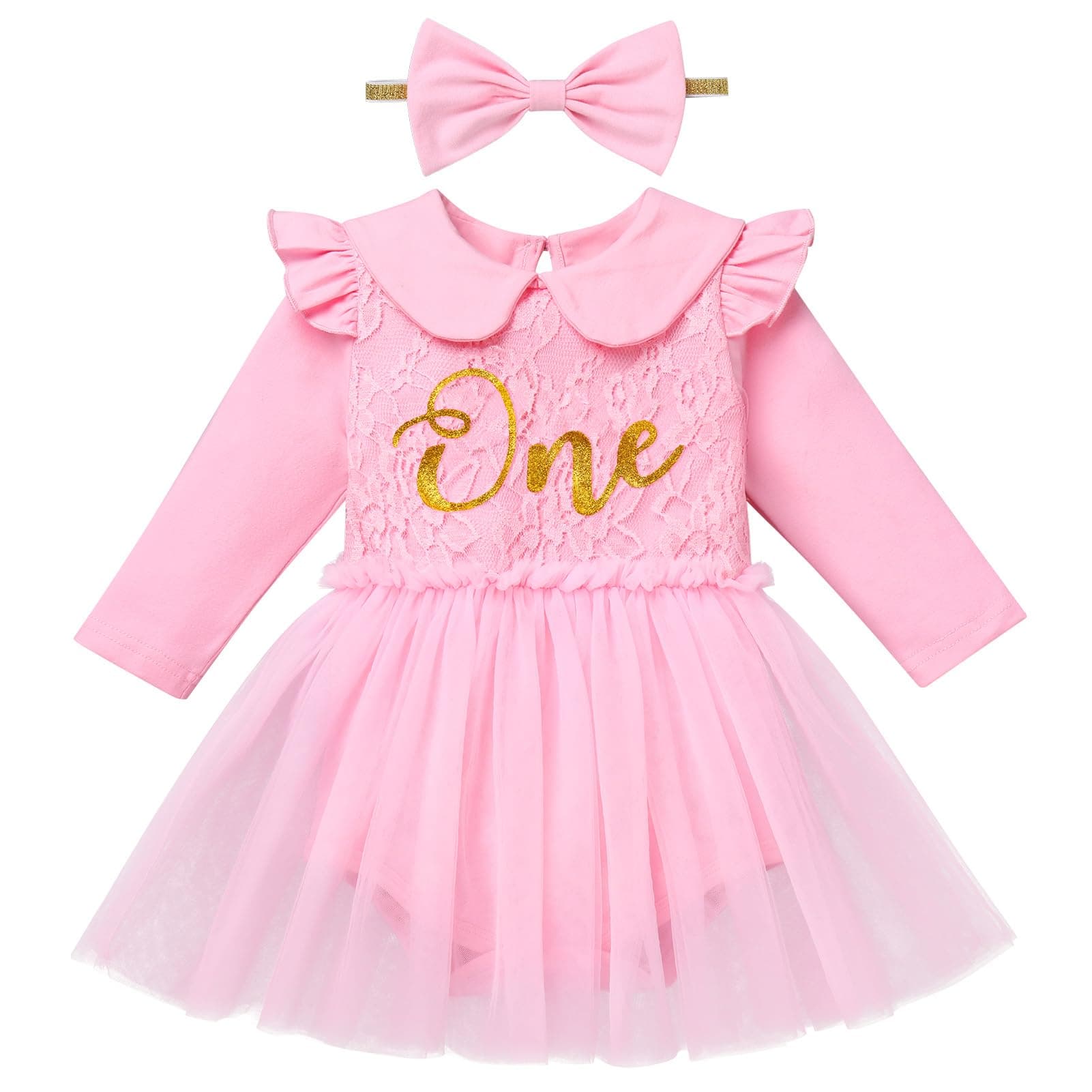 ODASDO Baby Girl First Birthday Lace Floral Cotton Tutu Dress with Headband